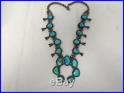 Vintage Navajo Pawn Turquoise Sterling Silver Squash Blossom Necklace 158 Grams