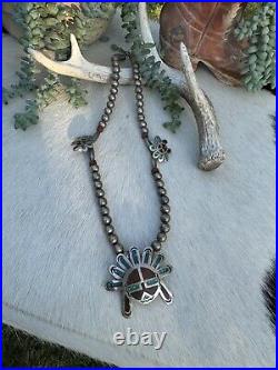 Vintage Navajo Pearl Coral Turquoise Inlay Sunface Necklace 20