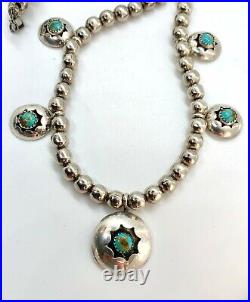 Vintage Navajo Pearl Sterling Silver Royston Turquoise Squash Blossom Necklace