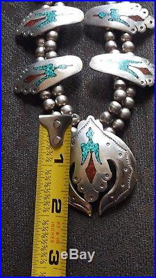 Vintage Navajo Peyote Bird necklace sterling silver withturquoise/Coral chip inlay