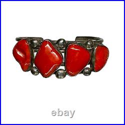 Vintage Navajo Quad-Shank Sterling Silver & Coral Cuff Bracelet