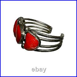 Vintage Navajo Quad-Shank Sterling Silver & Coral Cuff Bracelet