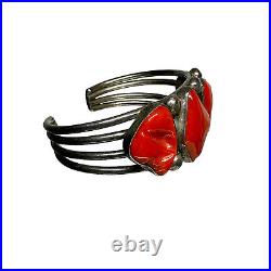 Vintage Navajo Quad-Shank Sterling Silver & Coral Cuff Bracelet