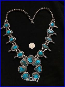 Vintage Navajo RARE Morenci Turquoise/Sterling Squash Blossom Necklace 179 grams