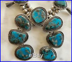 Vintage Navajo RARE Morenci Turquoise/Sterling Squash Blossom Necklace 179 grams