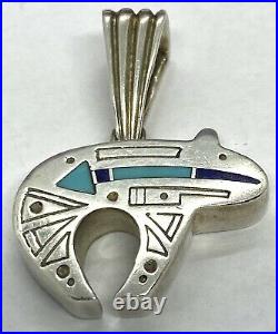 Vintage Navajo Ray Tracey Heartline Sterling Turquoise Lapis Bear Pendant 7.48g