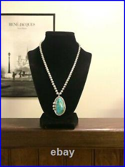 Vintage Navajo Roy Buck Sterling Silver Turquoise Pendant 6mm Bead Necklace 925
