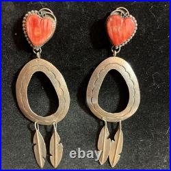 Vintage Navajo Signed EN Orange Spiny Oyster Shell Dangle Sterling Earrings 4.5