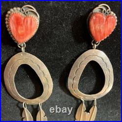 Vintage Navajo Signed EN Orange Spiny Oyster Shell Dangle Sterling Earrings 4.5