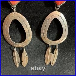 Vintage Navajo Signed EN Orange Spiny Oyster Shell Dangle Sterling Earrings 4.5
