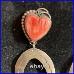 Vintage Navajo Signed EN Orange Spiny Oyster Shell Dangle Sterling Earrings 4.5