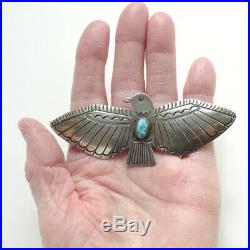 Vintage Navajo Signed Large Turquoise Thunderbird Pin Brooch Stamp Decorated