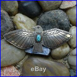 Vintage Navajo Signed Large Turquoise Thunderbird Pin Brooch Stamp Decorated