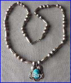 Vintage Navajo Silver Bench Bead Necklace Seafoam Turquoise Foliate Pendant