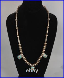 Vintage Navajo Silver Handstamped Beaded Necklace Turtle Pendants 26.5