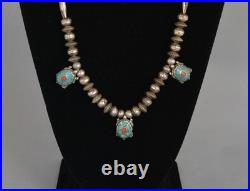 Vintage Navajo Silver Handstamped Beaded Necklace Turtle Pendants 26.5