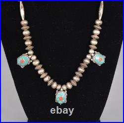 Vintage Navajo Silver Handstamped Beaded Necklace Turtle Pendants 26.5