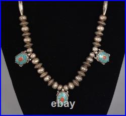Vintage Navajo Silver Handstamped Beaded Necklace Turtle Pendants 26.5