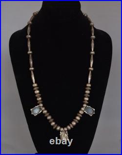 Vintage Navajo Silver Handstamped Beaded Necklace Turtle Pendants 26.5