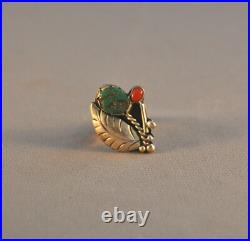 Vintage Navajo Silver Ring Turquoise Flower, Coral Bud, Silver Leaf Sz. 8 1/4