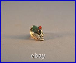 Vintage Navajo Silver Ring Turquoise Flower, Coral Bud, Silver Leaf Sz. 8 1/4