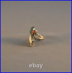 Vintage Navajo Silver Ring Turquoise Flower, Coral Bud, Silver Leaf Sz. 8 1/4
