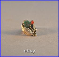 Vintage Navajo Silver Ring Turquoise Flower, Coral Bud, Silver Leaf Sz. 8 1/4