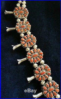 Vintage Navajo Silver Turquoise Coral Reversible Squash Blossom Necklace