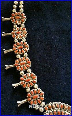 Vintage Navajo Silver Turquoise Coral Reversible Squash Blossom Necklace
