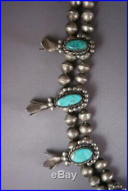Vintage Navajo Silver & Turquoise Squash Blossom Necklace 29.5 Long 168.5 Grams