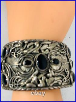 Vintage Navajo Silver cuff bracelet 8 inch Onyx, Eagles, signed Guerra