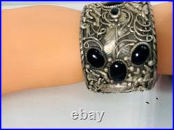 Vintage Navajo Silver cuff bracelet 8 inch Onyx, Eagles, signed Guerra