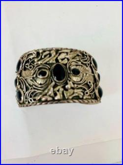 Vintage Navajo Silver cuff bracelet 8 inch Onyx, Eagles, signed Guerra