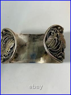 Vintage Navajo Silver cuff bracelet 8 inch Onyx, Eagles, signed Guerra