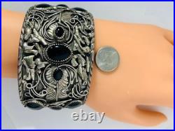 Vintage Navajo Silver cuff bracelet 8 inch Onyx, Eagles, signed Guerra