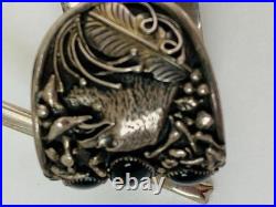 Vintage Navajo Silver cuff bracelet 8 inch Onyx, Eagles, signed Guerra