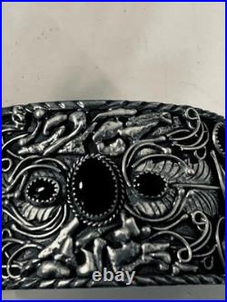 Vintage Navajo Silver cuff bracelet 8 inch Onyx, Eagles, signed Guerra