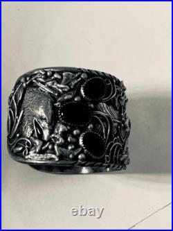 Vintage Navajo Silver cuff bracelet 8 inch Onyx, Eagles, signed Guerra