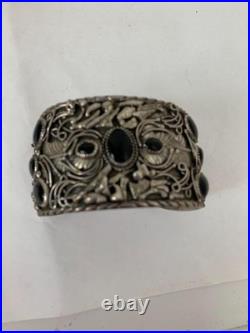 Vintage Navajo Silver cuff bracelet 8 inch Onyx, Eagles, signed Guerra