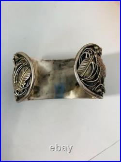 Vintage Navajo Silver cuff bracelet 8 inch Onyx, Eagles, signed Guerra