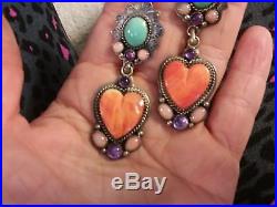 Vintage Navajo Spiny Oyster Heart Turquoise Sterling Silver Earrings