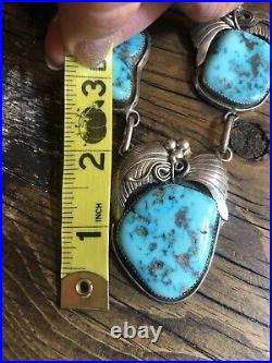 Vintage Navajo Squash Blossom Huge Turquoise Sterling Signed AL 20 Necklace