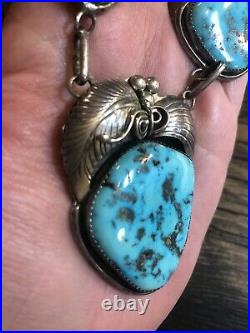 Vintage Navajo Squash Blossom Huge Turquoise Sterling Signed AL 20 Necklace