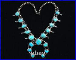 Vintage Navajo Squash Blossom Necklace Native American Turquoise Sterling Silver