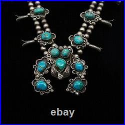 Vintage Navajo Squash Blossom Necklace Sterling Silver Stunning Turquoise 24