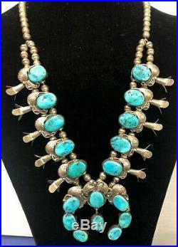 Vintage Navajo Squash Blossom Sterling Silver Necklace, High Quality Turquoise