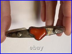 Vintage Navajo Sterling & Coral Abstract Heart Cuff Bracelet Native American