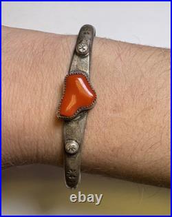 Vintage Navajo Sterling & Coral Abstract Heart Cuff Bracelet Native American