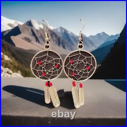 Vintage Navajo Sterling Dreamcatcher Dangle Feather Earrings Coral Red Beads