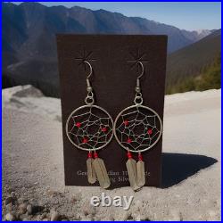 Vintage Navajo Sterling Dreamcatcher Dangle Feather Earrings Coral Red Beads